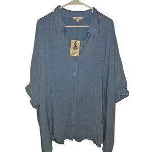 Easel Gorgeous Blue Cotton Linen Feel Oversized Short Sleeve Button Up 1X NWT